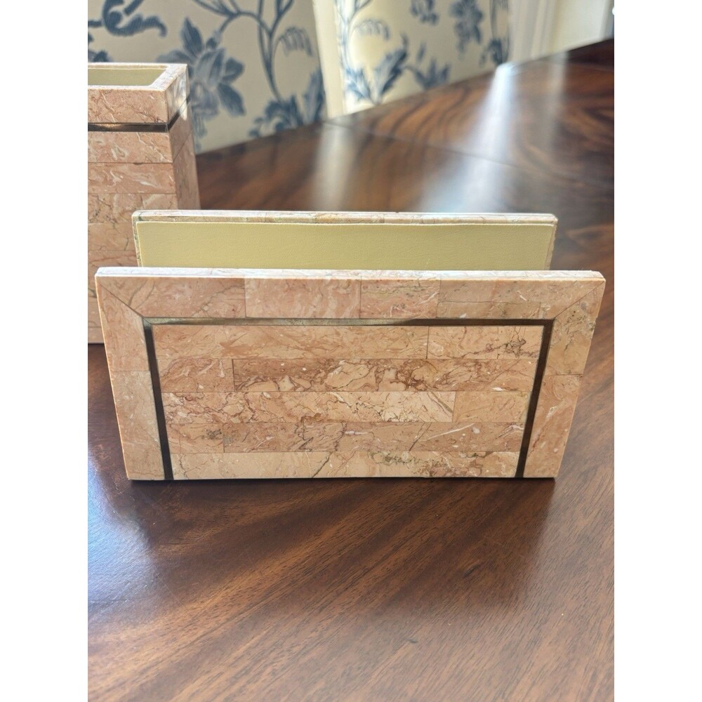 Desk Set Pen and Mail Holder Vintage Light Pink Stone Office Organizer